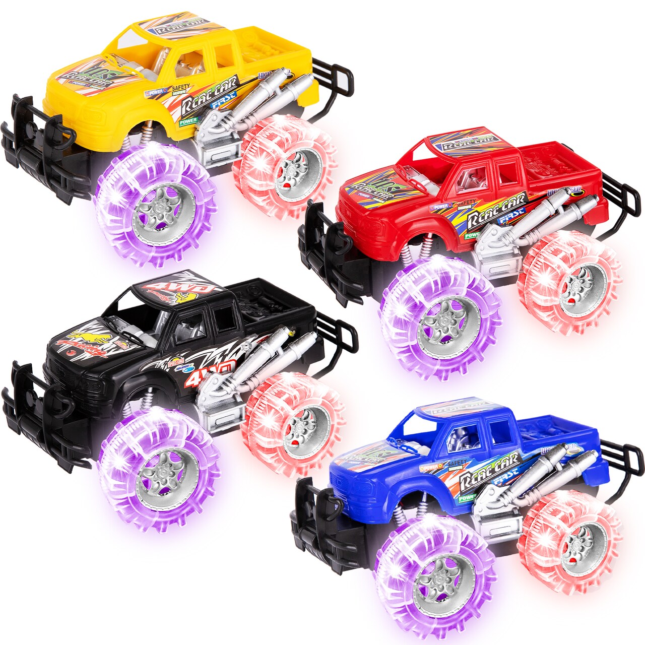 ArtCreativity: Light-Up Monster Trucks - 4 Pack - Red-Blue-Black-Yellow, 6" Friction Toy Truck Set, LED Wheels, Push & Pull Vehicles, Kids Ages 3+